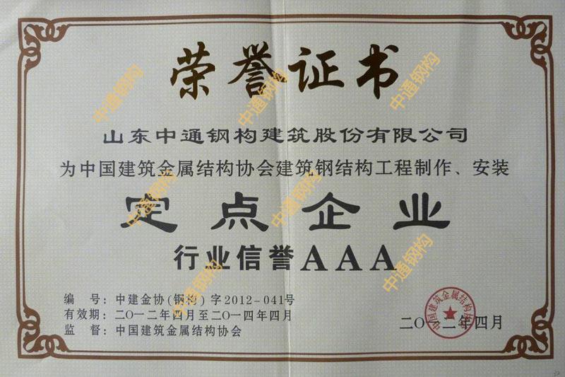 鋼結(jié)構(gòu)工程制作安裝定點(diǎn)企業(yè)及行業(yè)信譽(yù)AAA級證書